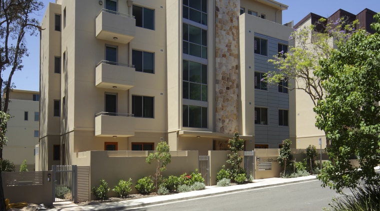 View of the new Linfield Apartments- a modern apartment, architecture, building, condominium, elevation, estate, facade, home, house, mixed use, neighbourhood, property, real estate, residential area, window, gray