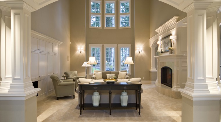 View of The Carpet Company product. - View ceiling, column, daylighting, estate, furniture, home, interior design, living room, lobby, molding, real estate, room, window, brown, gray, orange