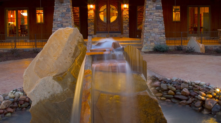 View of homes designed by the American Institute evening, home, lighting, night, reflection, water, red