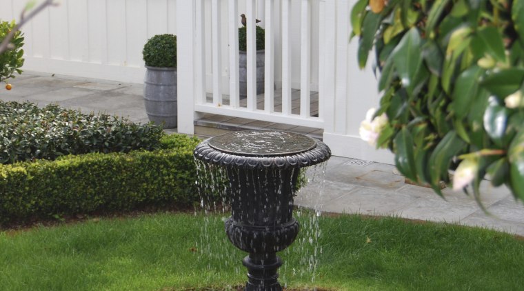 View of formal garden designed by Michael Mansvelt bird bath, garden, grass, landscaping, outdoor structure, walkway, water, water feature, yard, green, gray