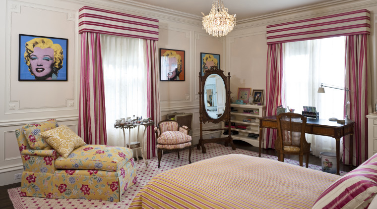 View of bedroom with striped red and white bed sheet, bedroom, ceiling, estate, furniture, home, interior design, living room, property, real estate, room, suite, textile, window, window treatment, gray