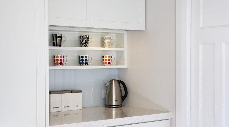 This new kitchen, by RH Cabinetmakers, features traditionally countertop, home appliance, interior design, kitchen, kitchen appliance, room, gray, white