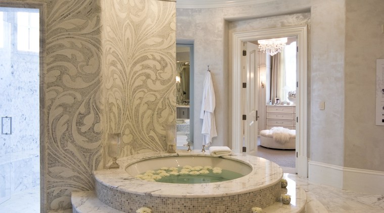 View of Rotunda Bath from MTI Whirlpools - architecture, ceiling, column, daylighting, estate, floor, home, interior design, lobby, structure, wall, gray