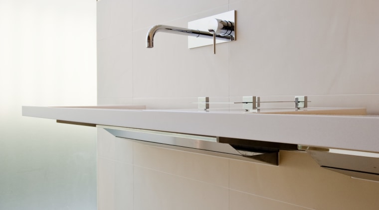 View of home theater powder room designed by architecture, bathroom, bathroom sink, ceiling, countertop, daylighting, floor, glass, house, interior design, kitchen, lighting, product design, room, sink, tap, tile, wall, wood, gray