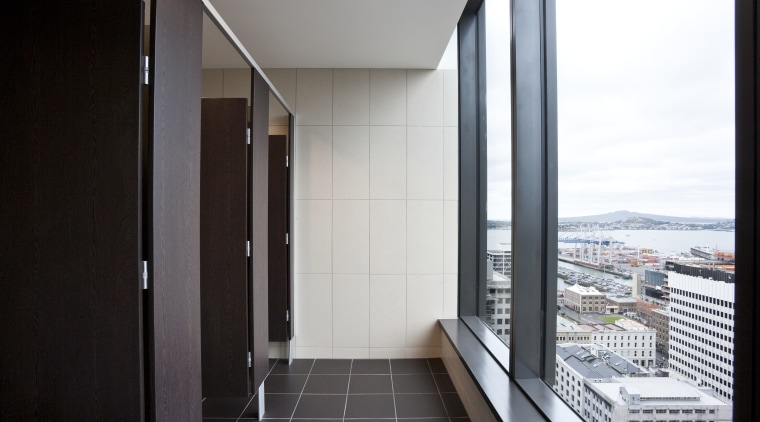 View of the bathrooms at the Deloitte Centre apartment, architecture, daylighting, home, house, interior design, property, real estate, window, white, black