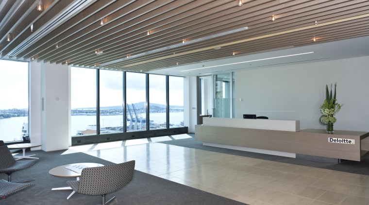 View of the new Deloitte premises which reflect architecture, ceiling, daylighting, floor, flooring, house, interior design, lobby, real estate, window, gray