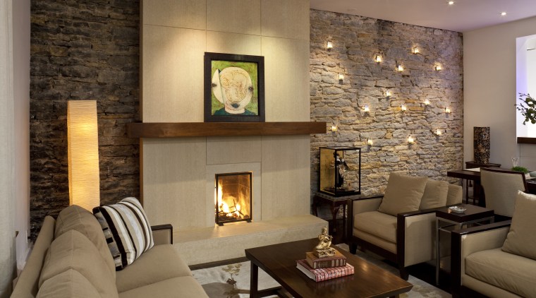 View of lounge and dining area after renovations ceiling, fireplace, hearth, home, interior design, living room, lobby, real estate, room, brown