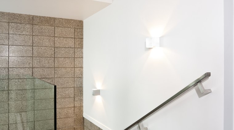 View of a stairway with glass balustrade and angle, architecture, bathroom, ceiling, daylighting, floor, glass, handrail, home, house, interior design, room, wall, white