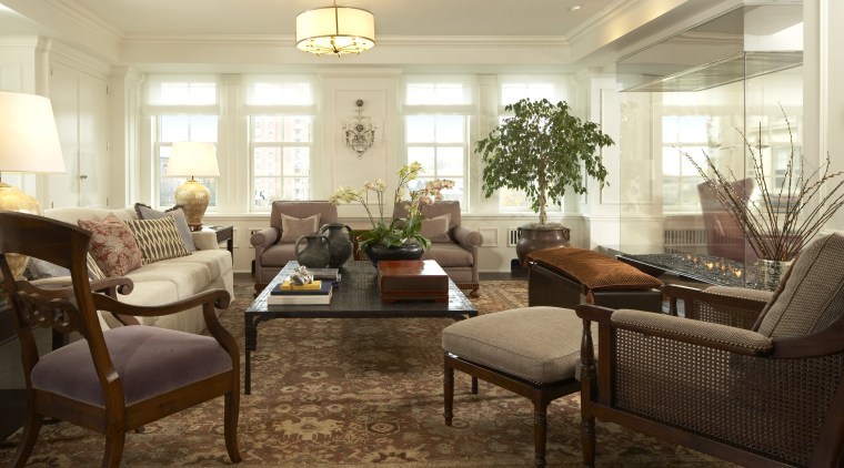 Interior view of this traditional lounge - Interior ceiling, floor, flooring, furniture, hardwood, home, interior design, living room, lobby, real estate, room, window, brown, orange