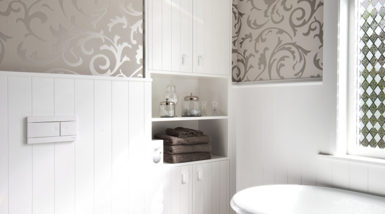 View of bathroom in a 1930s bungalow designed bathroom, bathroom accessory, bidet, ceramic, floor, flooring, interior design, plumbing fixture, product design, room, tap, tile, toilet, toilet seat, wall, window, white, gray