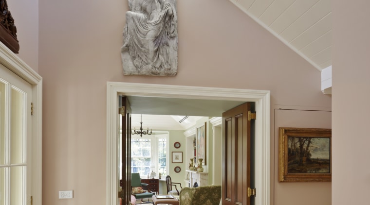 Interior view of traditional home - Interior view ceiling, daylighting, door, estate, floor, flooring, hardwood, home, house, interior design, living room, molding, property, real estate, room, wall, window, gray