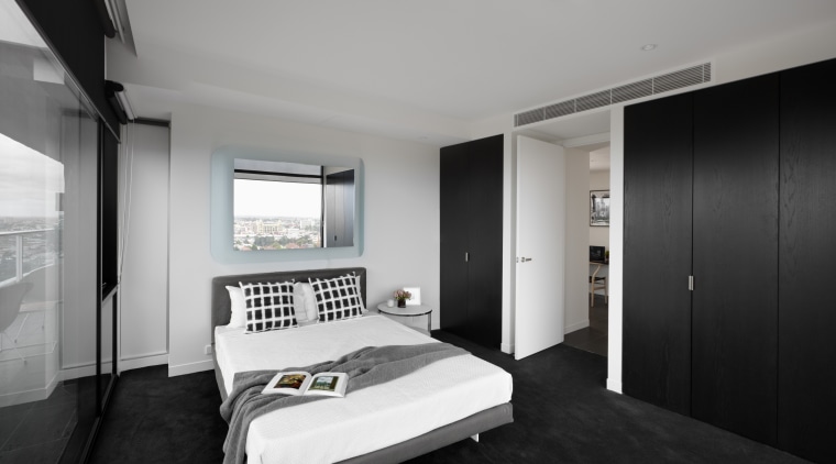 View of this contemporary apartment - View of architecture, bedroom, ceiling, house, interior design, real estate, room, suite, gray, black