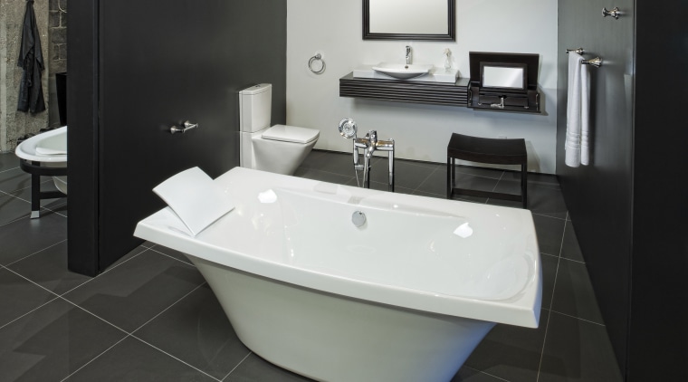 View of bathroom suites. - View of bathroom bathroom, bathroom sink, bathtub, floor, interior design, plumbing fixture, product design, room, sink, black, gray