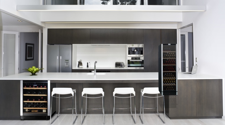 View of a kitchen which features a Vintec countertop, furniture, interior design, kitchen, product design, white, black
