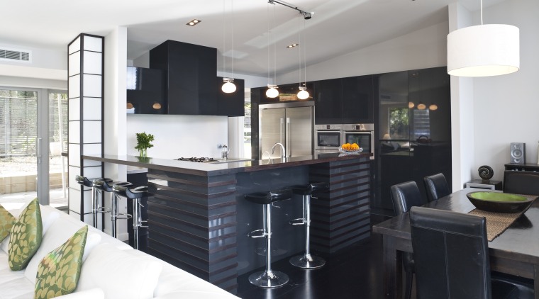 View of kitchen designed by Celia Visser of countertop, interior design, kitchen, white, black