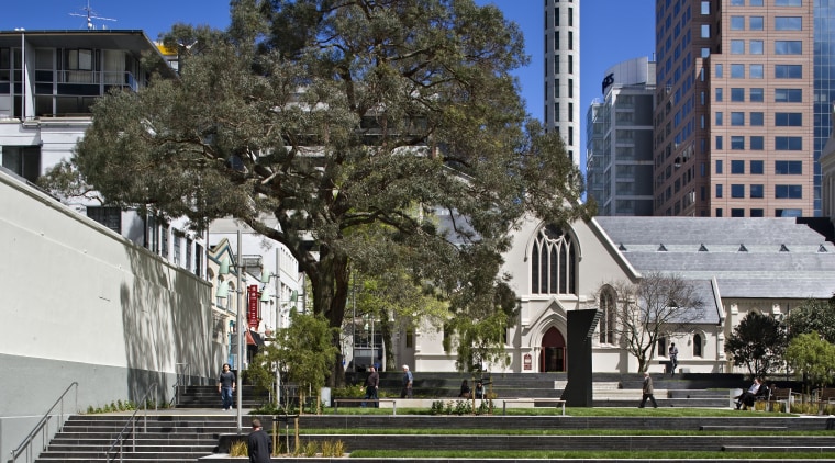 View of the St Patrick's Square where the architecture, building, city, daytime, downtown, house, metropolitan area, neighbourhood, plant, real estate, sky, tree, urban area, woody plant, black, gray