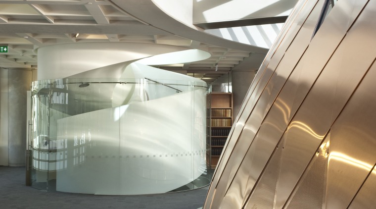 Interior view of the Supreme Court which features architecture, daylighting, glass, interior design, line, product design, structure, white, gray