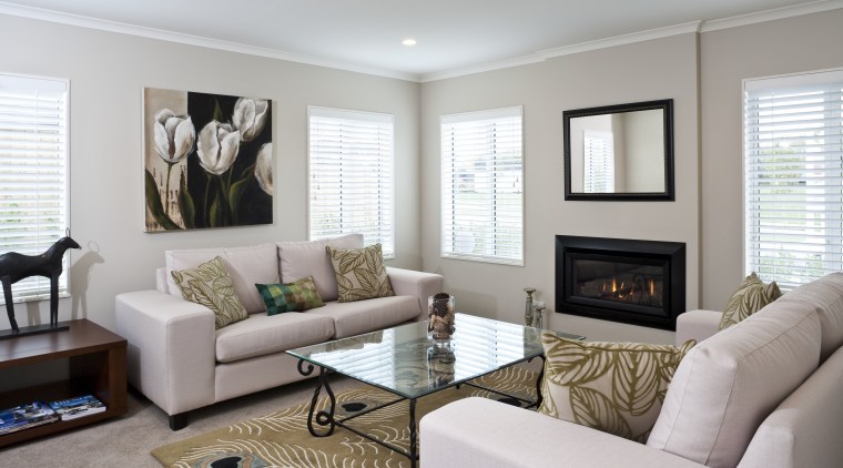 View of lounge featuring sofas, glass-topped coffee table, furniture, home, interior design, living room, real estate, room, window, window covering, gray