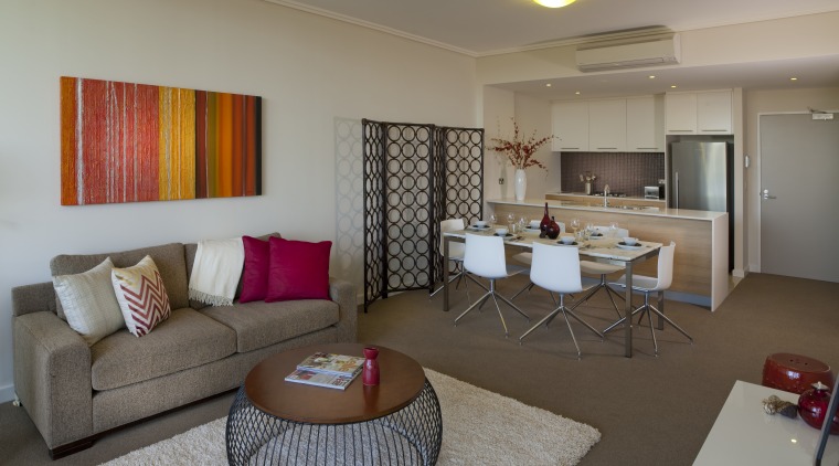 view of apartment living, dining, and kitchen which ceiling, interior design, living room, real estate, room, suite, gray, brown