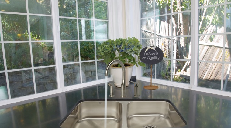 View of kitchen which features sink and arched glass, home, interior design, real estate, window, gray