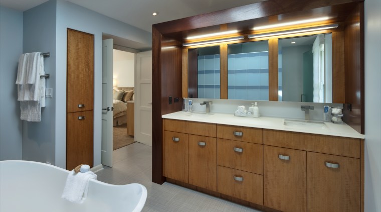 View of bathroom which features a vanity with bathroom, bathroom accessory, bathroom cabinet, cabinetry, interior design, room, gray, brown