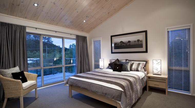 Interior view of this contemporary home bedroom - bed frame, bedroom, ceiling, estate, home, interior design, real estate, room, window, wood, gray