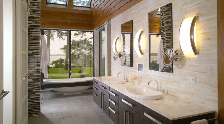 View of contemporary interior with distinctive tile wall bathroom, countertop, estate, home, interior design, real estate, room, window, gray, brown