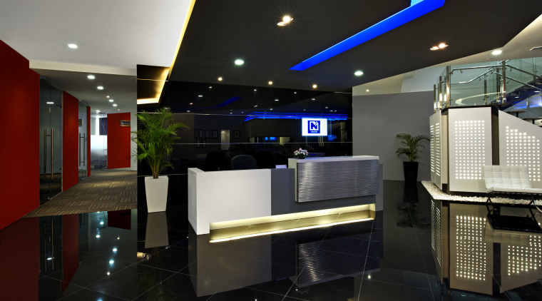 View of the security specialists Nexbis offices, reception ceiling, interior design, lighting, lobby, black