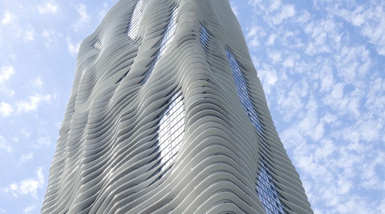 Exterior view of the Aqua Tower in Chicago architecture, building, cloud, daytime, landmark, sky, skyscraper, teal, gray