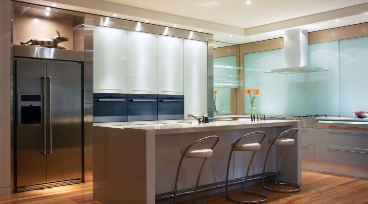 View of the modern kitchen appliances by V-Zug cabinetry, ceiling, countertop, floor, flooring, hardwood, interior design, kitchen, laminate flooring, real estate, room, wood, wood flooring, brown