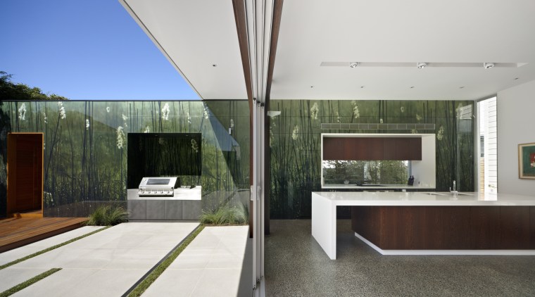 View of a contemporary kitchen which features island, architecture, daylighting, house, interior design, real estate, white