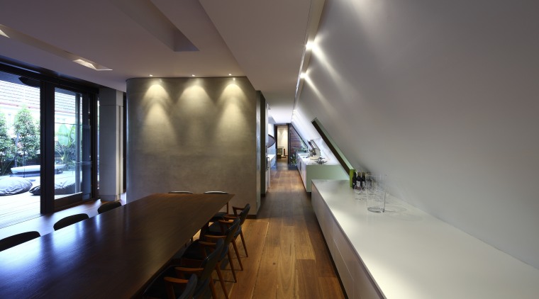 View of dining area which features a sideboard architecture, ceiling, daylighting, house, interior design, table, wood, gray
