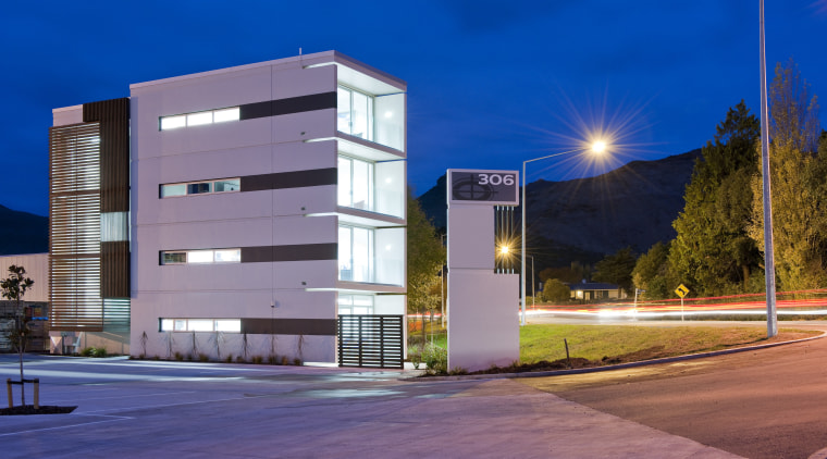 View of a logistics centre designed by Cymon apartment, architecture, building, commercial building, condominium, corporate headquarters, elevation, facade, headquarters, home, house, lighting, metropolitan area, mixed use, neighbourhood, night, property, real estate, residential area, sky, blue