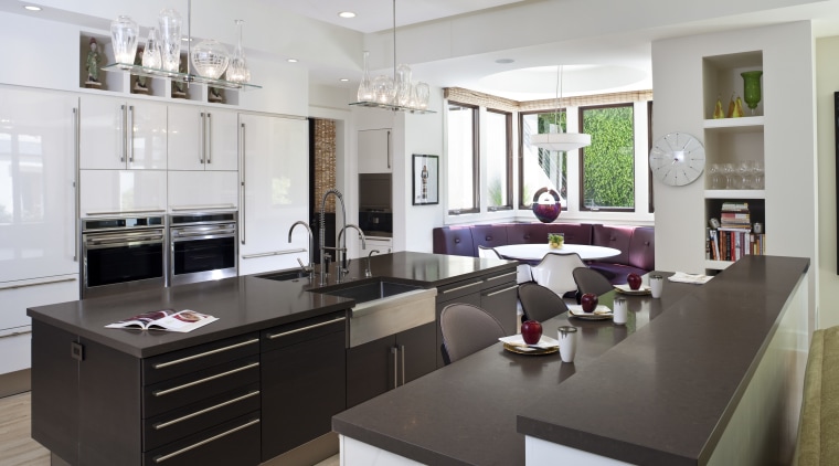 View of contemporary kitchen wooden flooring, dark cabinetry cabinetry, countertop, cuisine classique, interior design, interior designer, kitchen, living room, room, gray