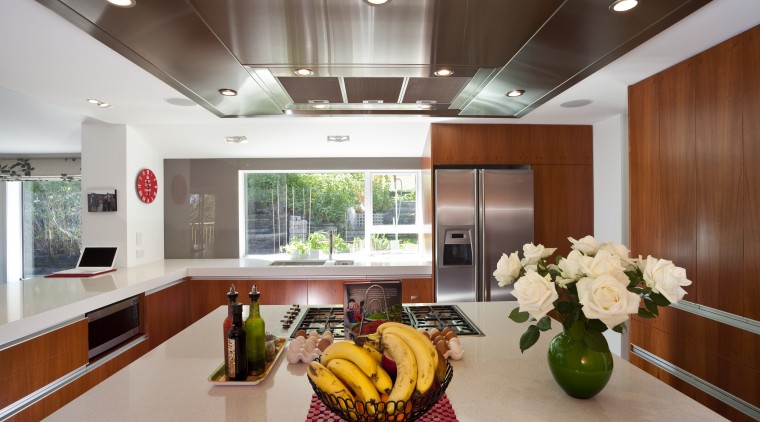 View of kitchen which features oak floors, kitchen ceiling, countertop, interior design, kitchen, living room, real estate, room, gray, brown