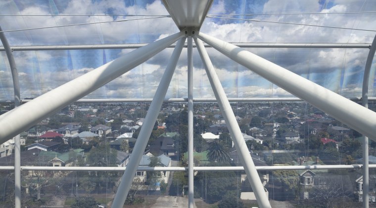 View of the cantilevered roof of the South architecture, building, cable stayed bridge, daylighting, fixed link, line, roof, sky, structure, gray