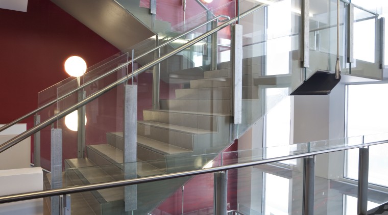 View of stainless steel handrails at the newly apartment, architecture, building, ceiling, daylighting, glass, handrail, interior design, stairs, structure, gray