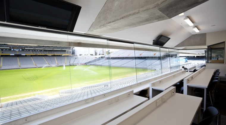 View of the coaches box which features communications architecture, glass, leisure centre, sport venue, structure, gray