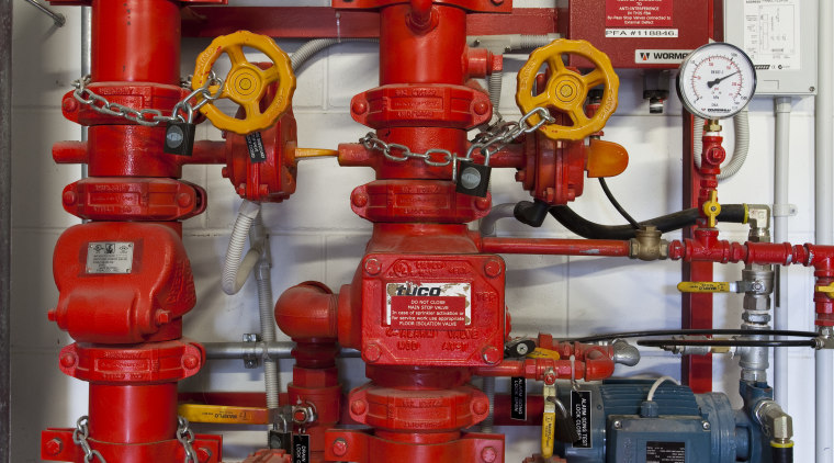 View of fire prevention and suppression systems at product, gray, red
