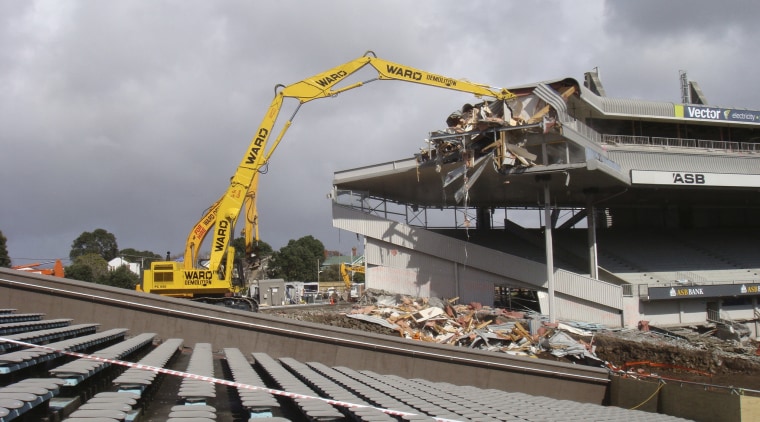 View of the demolition of the Eden Park construction, demolition, track, gray