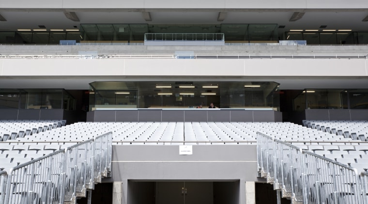 View of the stands at Eden Park which architecture, building, roof, sport venue, structure, gray, black