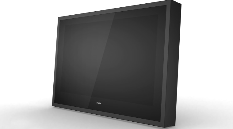 View of outdoor flat screen TV from H2OTV. computer monitor, display device, flat panel display, media, multimedia, output device, product, product design, screen, technology, television, white, black