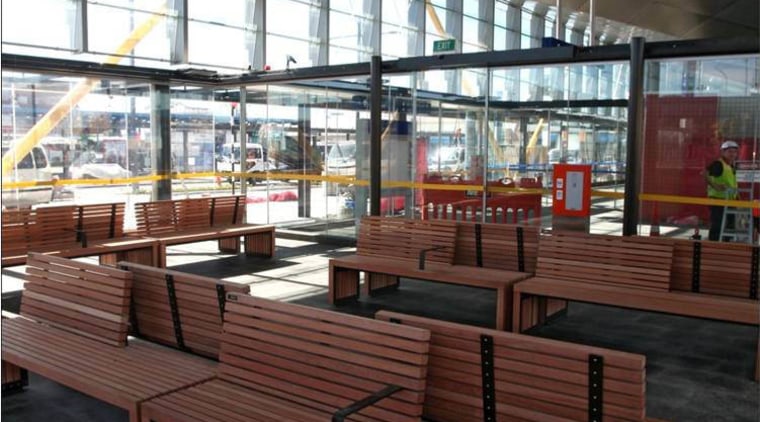 View of seating at the New Market Train architecture, bench, chair, daylighting, furniture, glass, interior design, table, wood, black