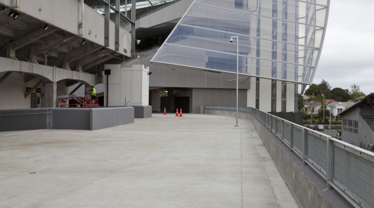 View of concrete pedestrian bridge at Eden Park architecture, building, sky, structure, gray