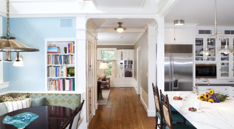 View of kitchen with dark turquoise island, colorful architecture, ceiling, daylighting, dining room, floor, flooring, hardwood, house, interior design, kitchen, living room, real estate, room, table, wood, wood flooring, white, brown