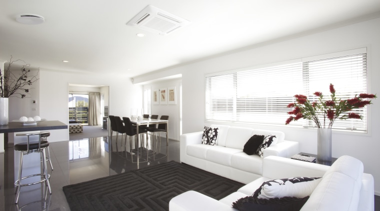 View of the open plan living and dining apartment, ceiling, home, house, interior design, living room, property, real estate, room, window, white