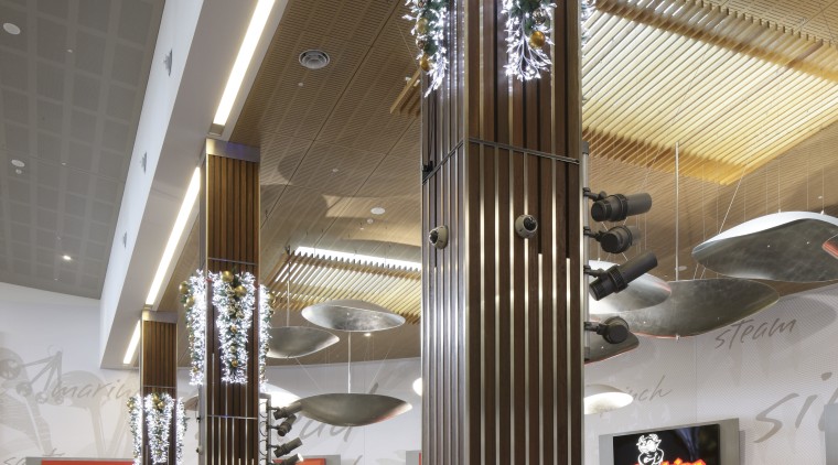 View of timber features at the Robina Town ceiling, interior design, lobby, brown, gray