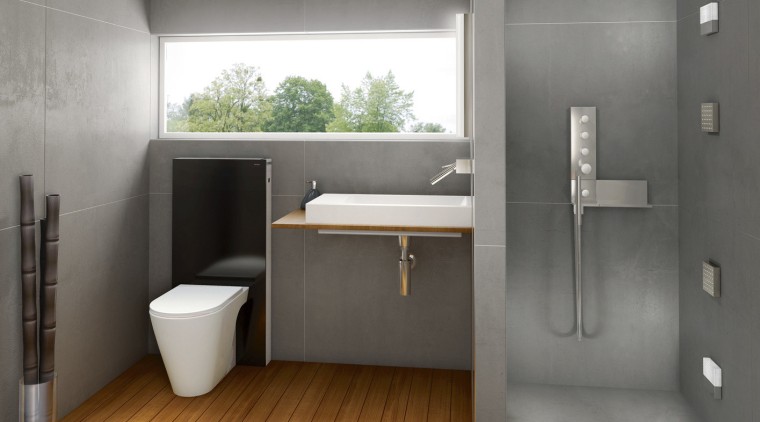 View of Geberit bathroom features. - View of bathroom, bathroom accessory, floor, interior design, plumbing fixture, product design, sink, gray