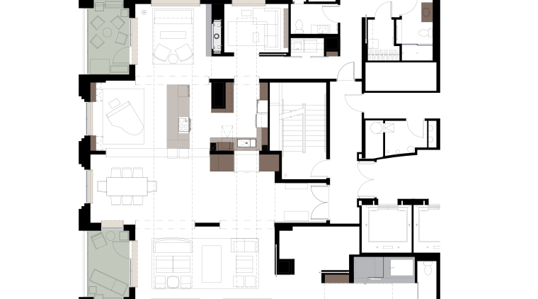 View of an apartment kitchen with dark-toned cabinetry, angle, area, design, elevation, floor plan, font, line, plan, product, product design, schematic, square, text, white