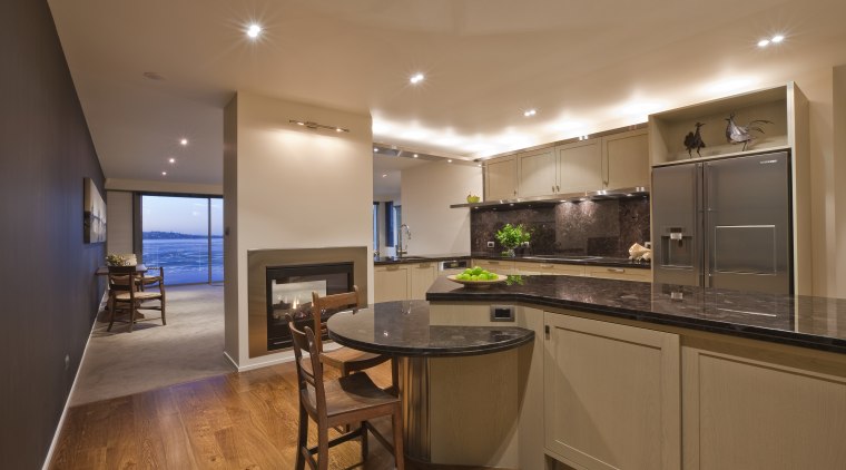 View of kitchen which features brown granite benchtops, countertop, home, interior design, kitchen, real estate, room, brown